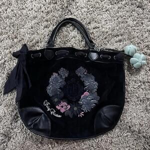 Vintage Juicy Couture black large floral Purse Velour Beverly Handbag tote bag